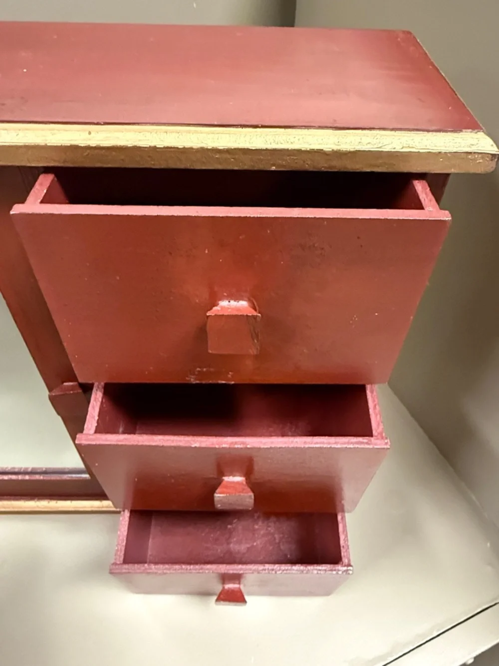 Reddish & Gold Wooden Jewelry Cabinet with Mirror & 3 Drawers. 12” x 13” x 5”